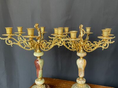 Coppia di candelabri vintage in onice e metallo