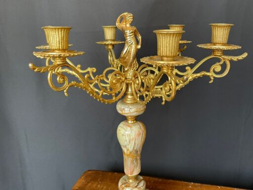 Coppia di candelabri vintage in onice e metallo