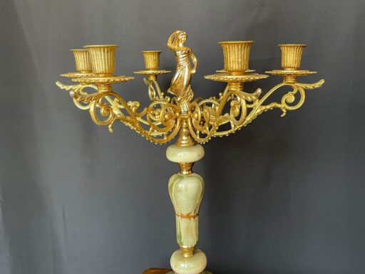 Coppia di candelabri vintage in onice e metallo