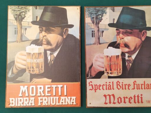 Il bevitore con baffi e cappello nell'etichetta birra morett